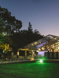 Marquee with lighting and walkway during the evening